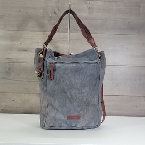 Lucky Brand Blue Canvas Brown Leather Tote Crossbody Bag NWT